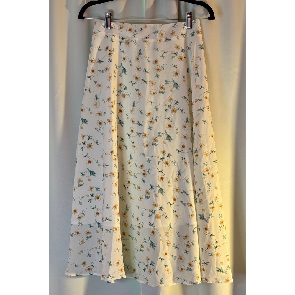 Dazy White Floral Midi Skirt Yellow Botanical Print A-Line Lined Modest Small
